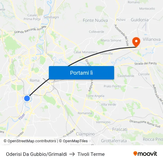 Oderisi Da Gubbio/Grimaldi to Tivoli Terme map