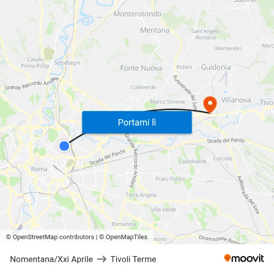 Nomentana/Xxi Aprile to Tivoli Terme map
