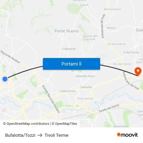 Bufalotta/Tozzi to Tivoli Terme map