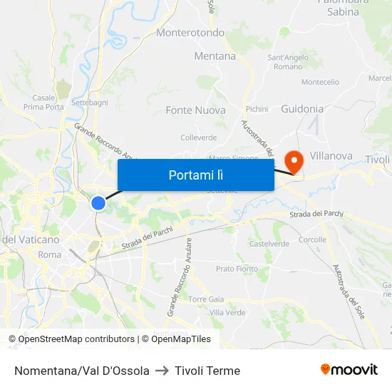 Nomentana/Val D'Ossola to Tivoli Terme map