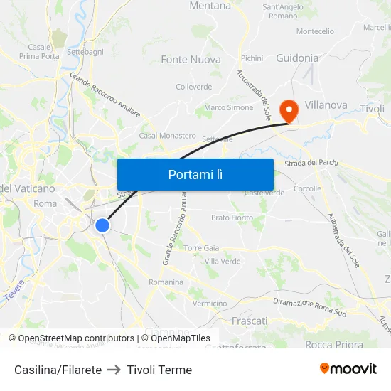 Casilina/Filarete to Tivoli Terme map