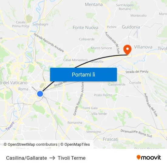 Casilina/Gallarate to Tivoli Terme map
