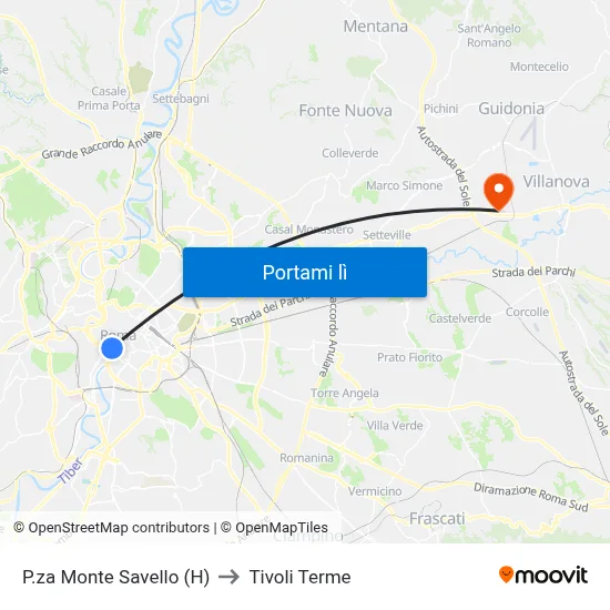 P.za Monte Savello (H) to Tivoli Terme map