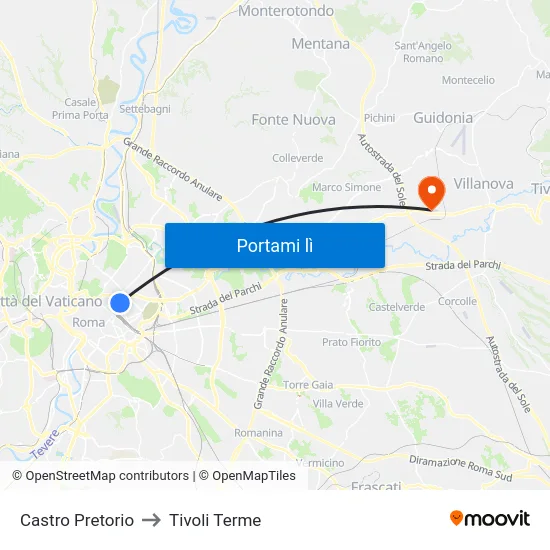 Castro Pretorio to Tivoli Terme map