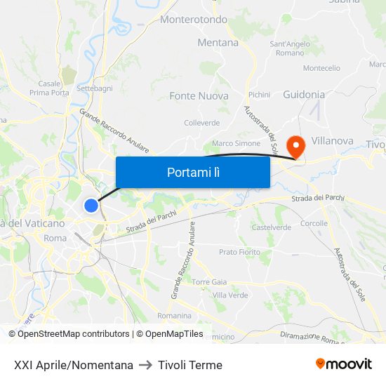 XXI Aprile/Nomentana to Tivoli Terme map