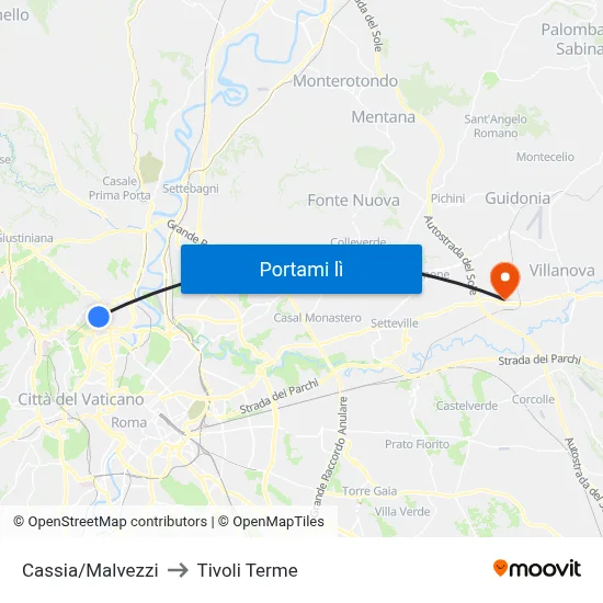 Cassia/Malvezzi to Tivoli Terme map