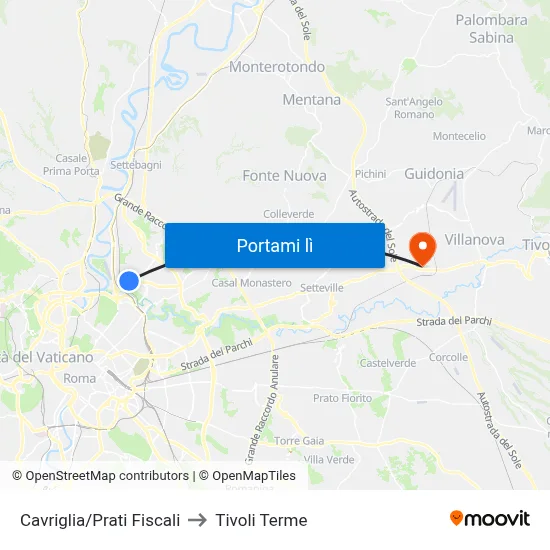 Cavriglia/Prati Fiscali to Tivoli Terme map