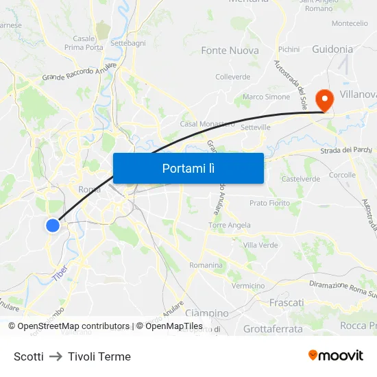 Scotti to Tivoli Terme map