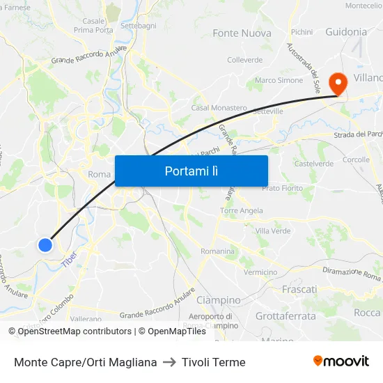Monte Capre/Orti Magliana to Tivoli Terme map
