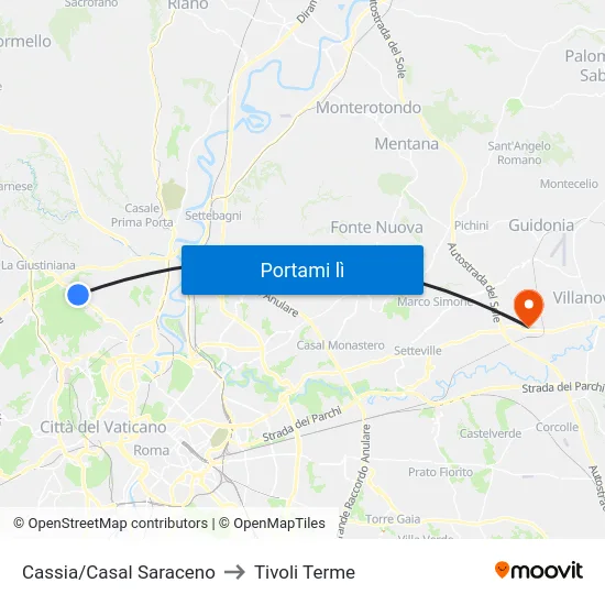 Cassia/Casal Saraceno to Tivoli Terme map