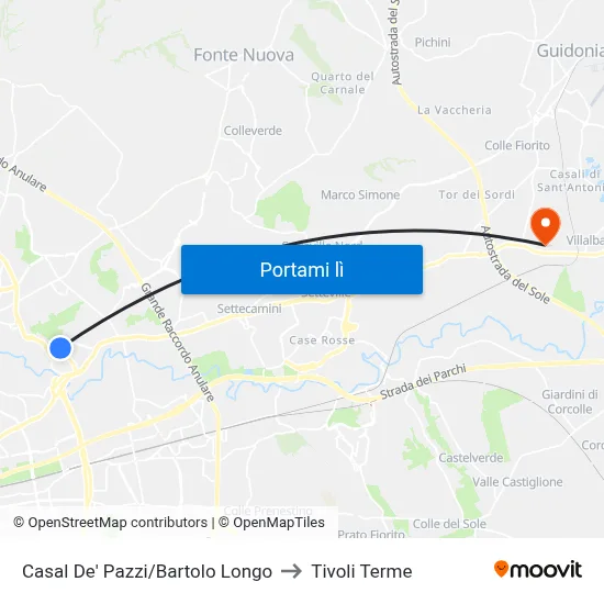 Casal De' Pazzi/Bartolo Longo to Tivoli Terme map