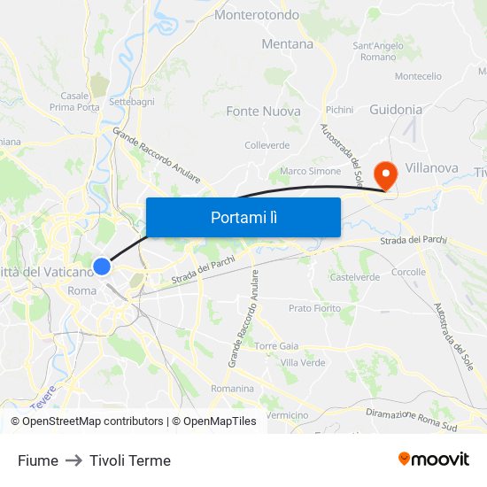 Fiume to Tivoli Terme map