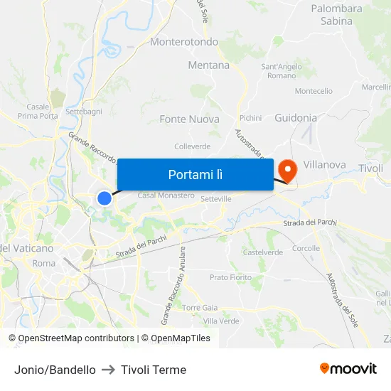 Jonio/Bandello to Tivoli Terme map