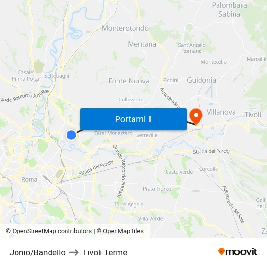 Jonio/Bandello to Tivoli Terme map