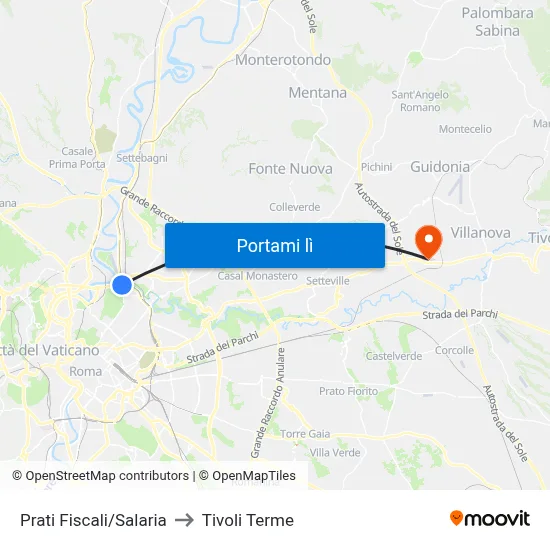 Prati Fiscali/Salaria to Tivoli Terme map