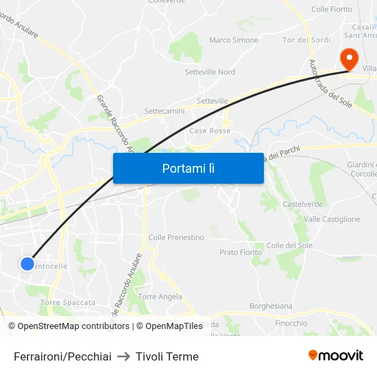 Ferraironi/Pecchiai to Tivoli Terme map