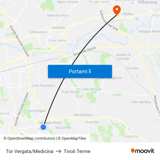 Tor Vergata/Medicina to Tivoli Terme map