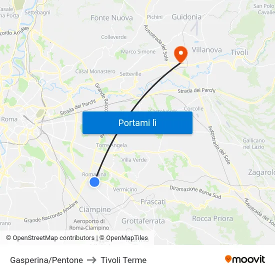 Gasperina/Pentone to Tivoli Terme map