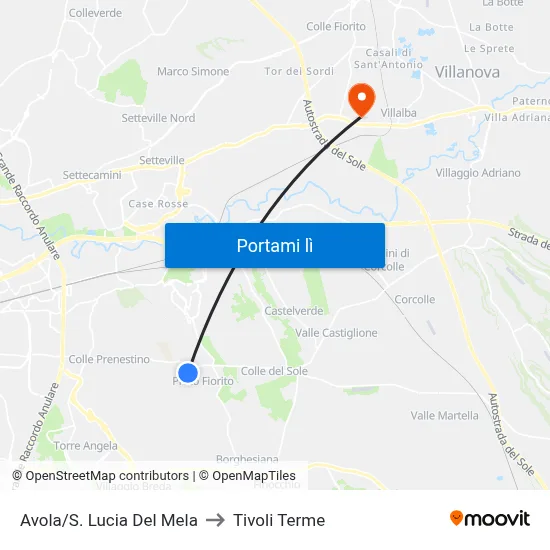Avola/S. Lucia Del Mela to Tivoli Terme map