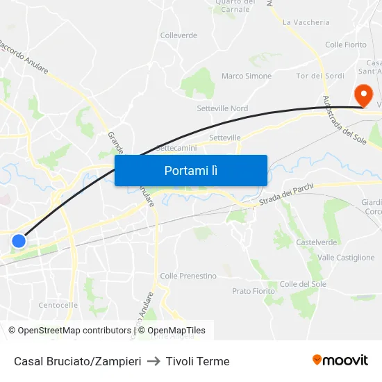 Casal Bruciato/Zampieri to Tivoli Terme map