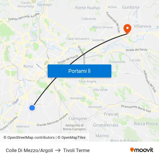 Colle Di Mezzo/Argoli to Tivoli Terme map