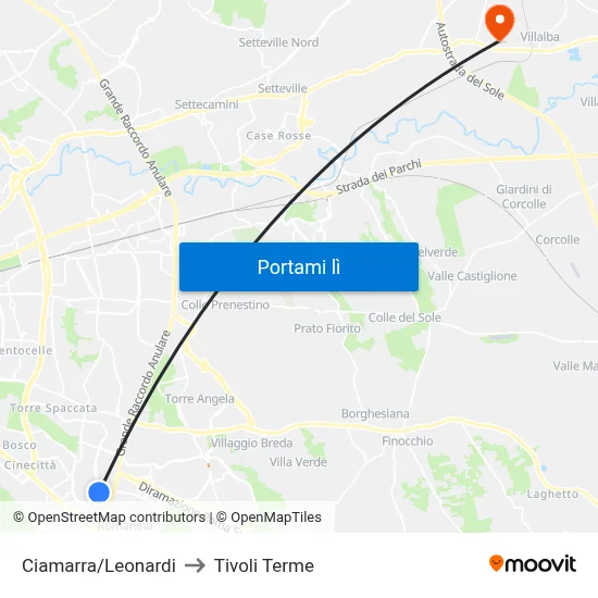 Ciamarra/Leonardi to Tivoli Terme map