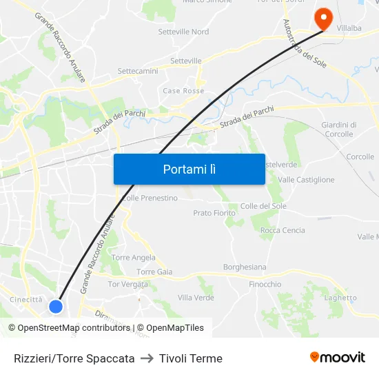 Rizzieri/Torre Spaccata to Tivoli Terme map