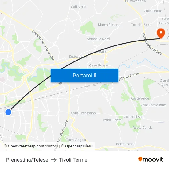 Prenestina/Telese to Tivoli Terme map