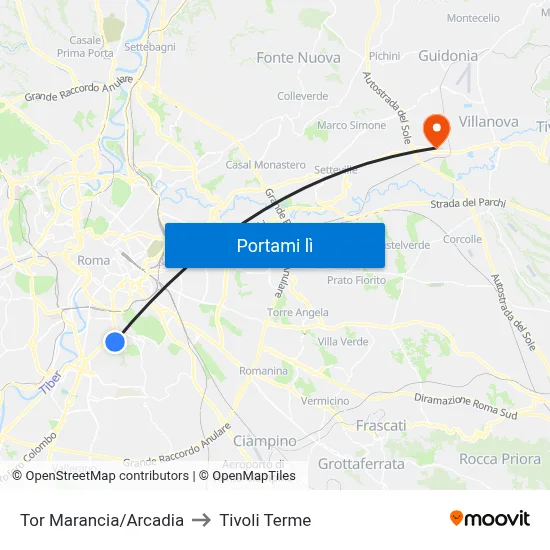 Tor Marancia/Arcadia to Tivoli Terme map