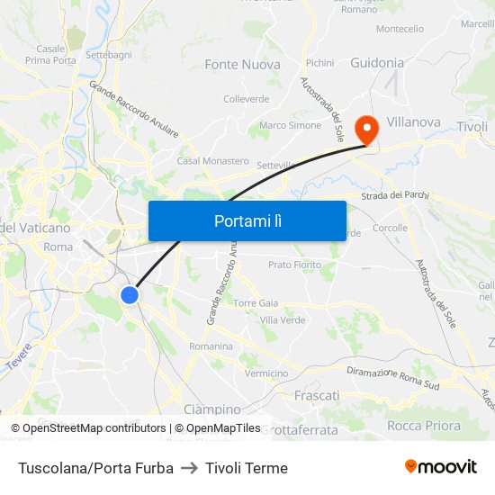 Tuscolana/Porta Furba to Tivoli Terme map