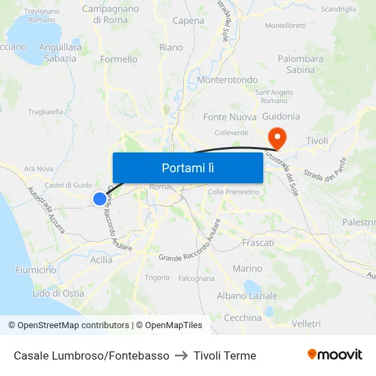 Casale Lumbroso/Fontebasso to Tivoli Terme map