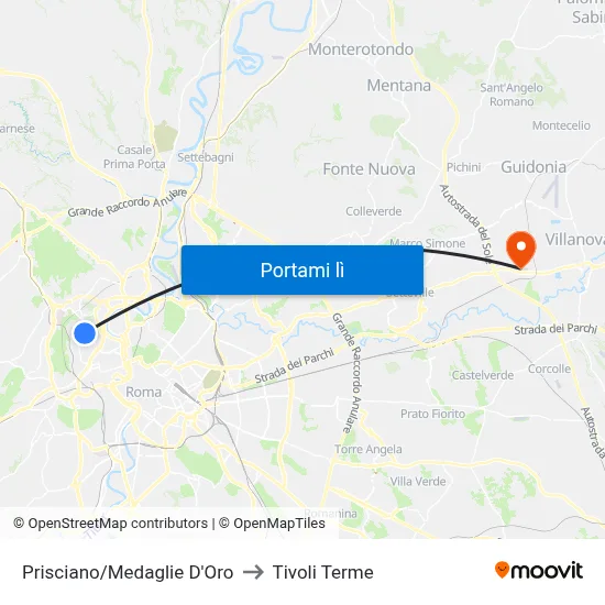 Prisciano/Medaglie D'Oro to Tivoli Terme map