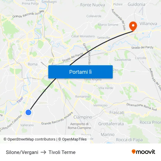 Silone/Vergani to Tivoli Terme map