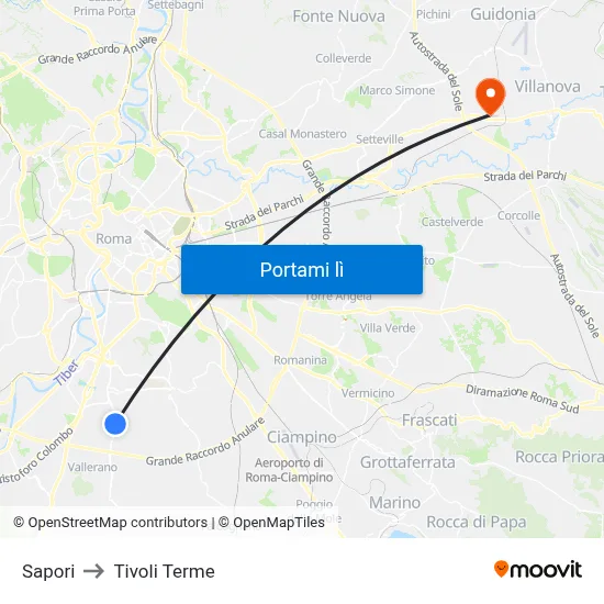 Sapori to Tivoli Terme map