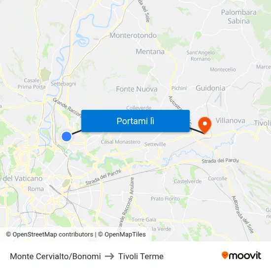 Monte Cervialto/Bonomi to Tivoli Terme map