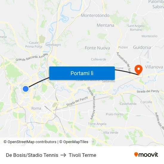 De Bosis/Stadio Tennis to Tivoli Terme map