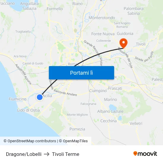 Dragone/Lobelli to Tivoli Terme map