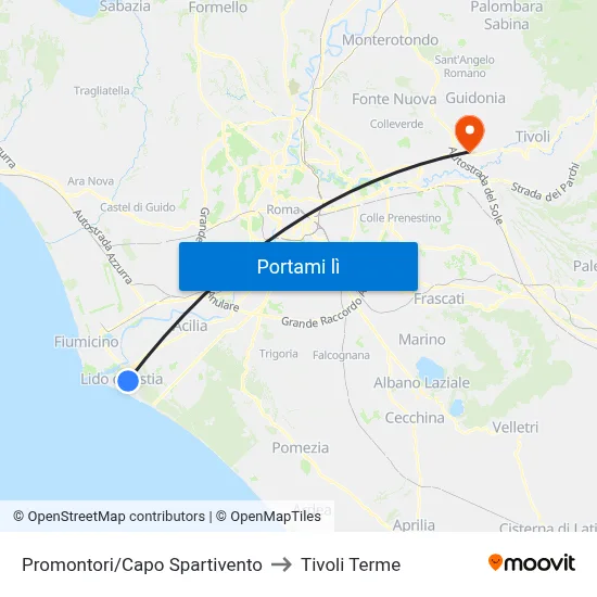Promontori/Capo Spartivento to Tivoli Terme map