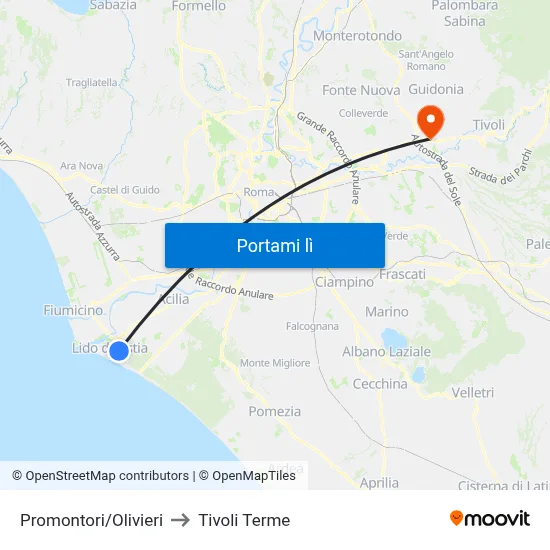 Promontori/Olivieri to Tivoli Terme map