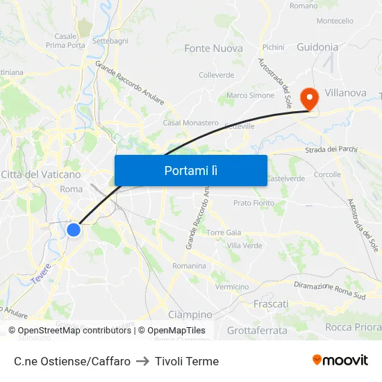 C.ne Ostiense/Caffaro to Tivoli Terme map