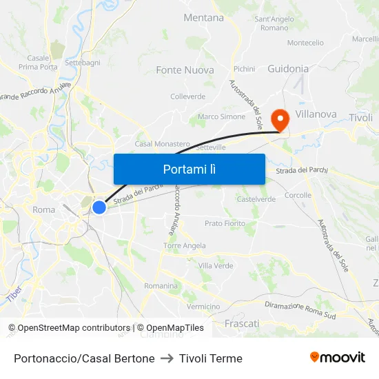 Portonaccio/Casal Bertone to Tivoli Terme map
