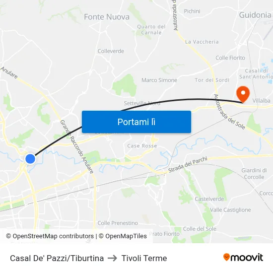 Casal De' Pazzi/Tiburtina to Tivoli Terme map