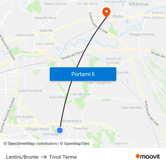Lentini/Bronte to Tivoli Terme map