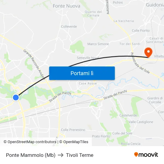 Ponte Mammolo (Mb) to Tivoli Terme map