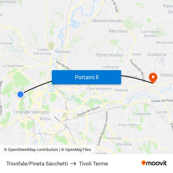 Trionfale/Pineta Sacchetti to Tivoli Terme map