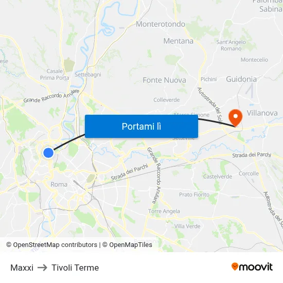 Maxxi to Tivoli Terme map