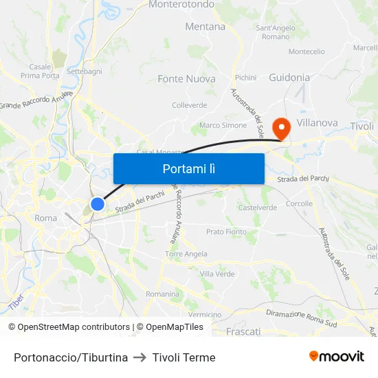 Portonaccio/Tiburtina to Tivoli Terme map