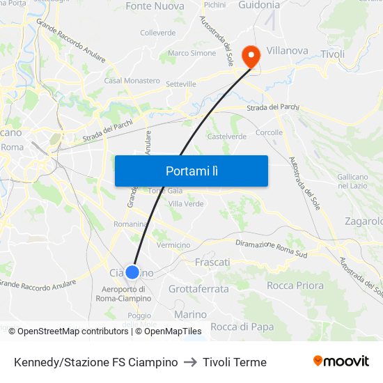 Kennedy/Stazione FS Ciampino to Tivoli Terme map