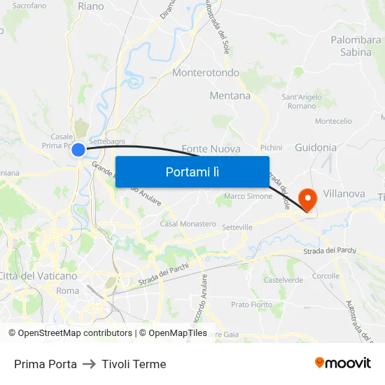 Prima Porta to Tivoli Terme map