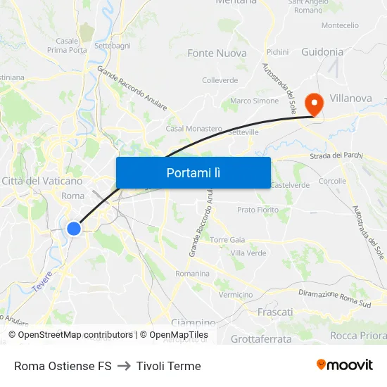 Roma Ostiense FS to Tivoli Terme map
